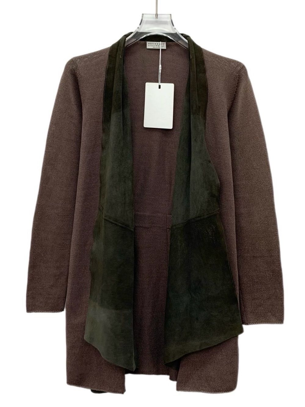 Brunello Cucinelli Brown Knit Jacket with Olive Suede Trim